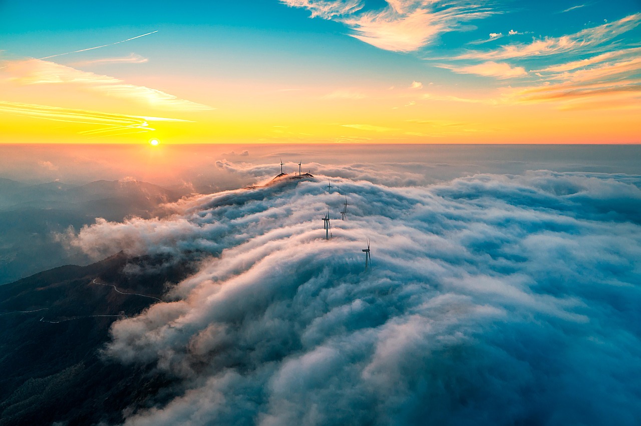wind power generation, windmill, clouds, nature, aerial view, mountain, heyuan, queyashan